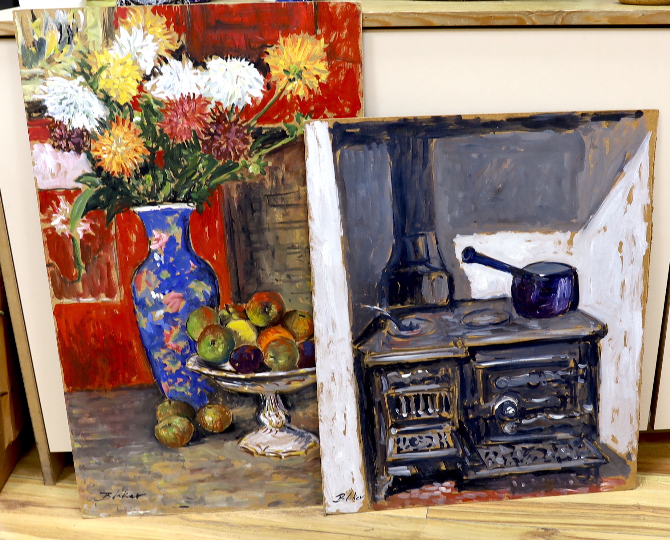 Michael John Blaker (1928-2018), two oils on board, Still life of fruit & flowers and vintage stove, signed, largest 76 x 46cm unframed